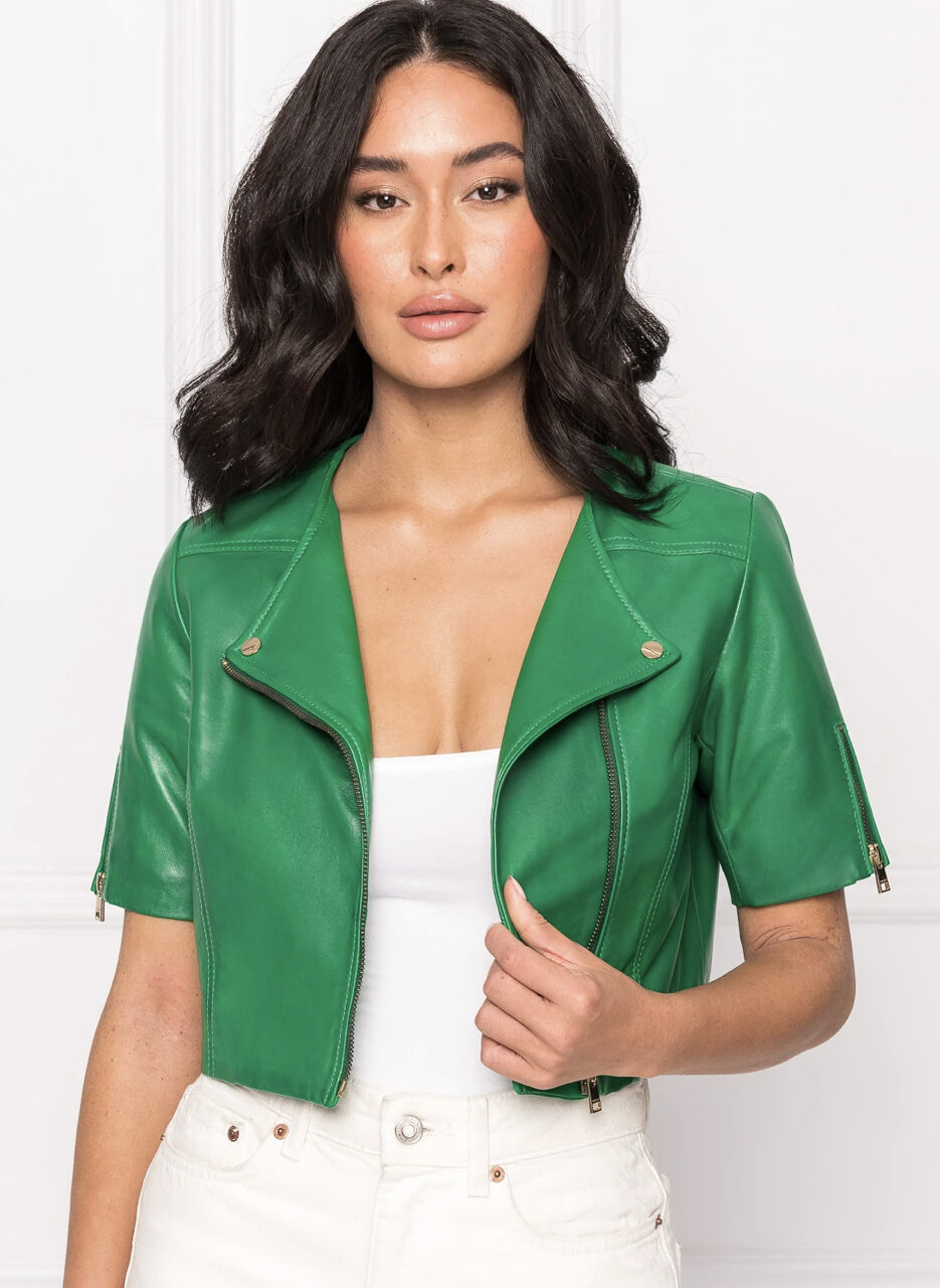 KIRSI Vibrant Green Cropped Biker Jacket