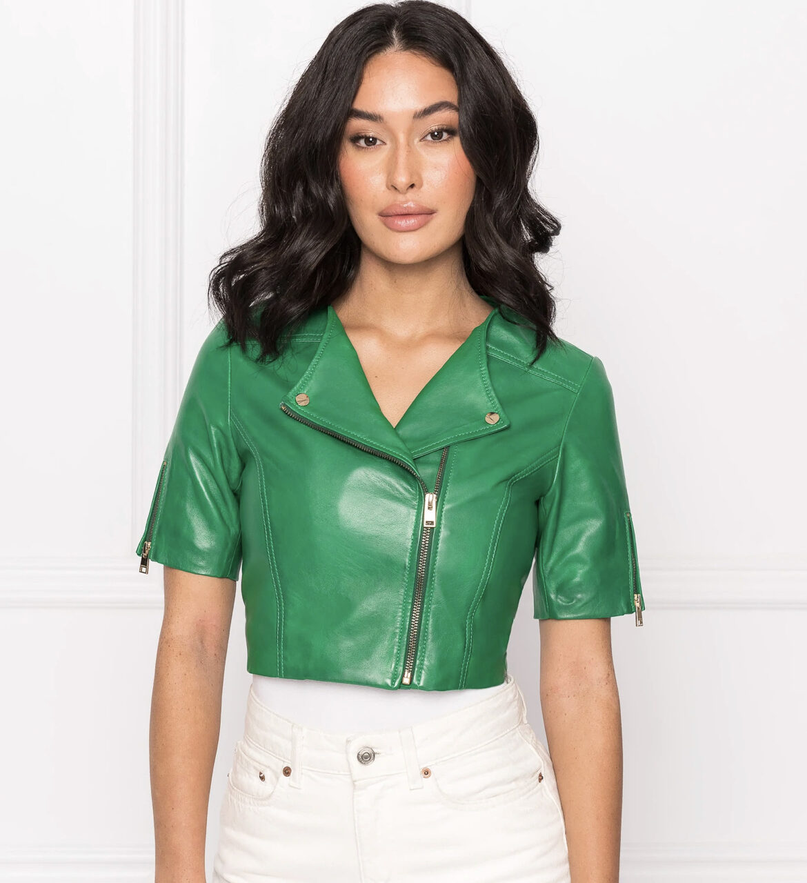 KIRSI Vibrant Green Cropped Biker Jacket