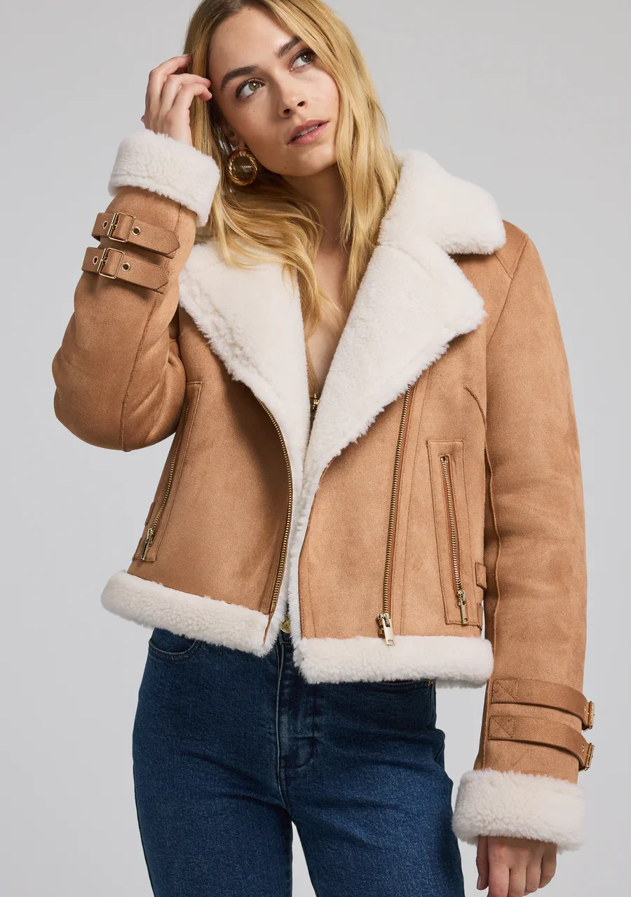 DION VEGAN SUEDE SHEARLING MOTO JACKET