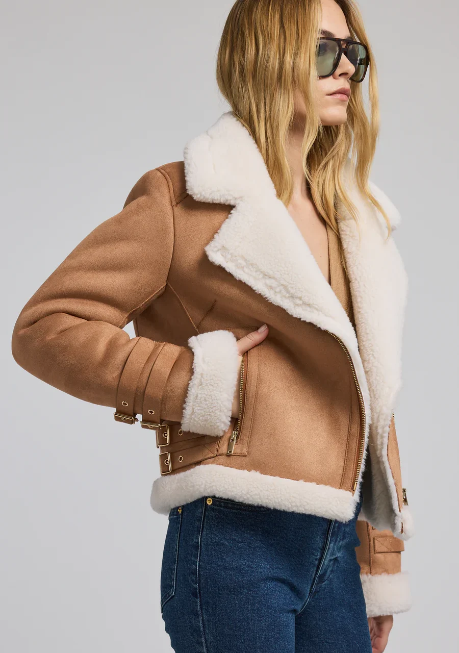 DION VEGAN SUEDE SHEARLING MOTO JACKET